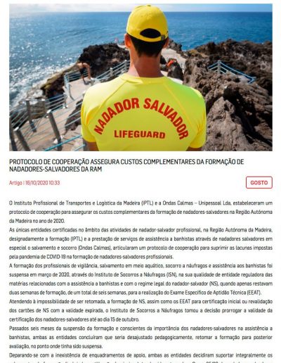 Protocolo de Cooperação Assegura Custos Complementares da Formação de Nadadores-Salvadores da RAM - Publicado no JM Madeira
